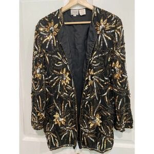 CARINA - Silver & gold sequin formal jacket long sleeve, open front, size large
